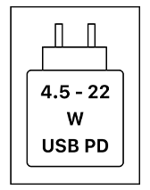Das Gerät kann mit Netzteilen geladen werden, die eine Leistung zwischen 4,5 und 22 Watt USB PD liefern.