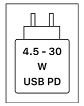 Das Gerät kann mit Netzteilen geladen werden, die eine Leistung zwischen 4,5 und 23 Watt USB PD liefern.