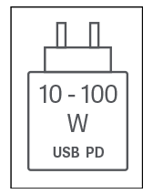 Das Gerät kann mit Netzteilen geladen werden, die eine Leistung zwischen 10 und 100 Watt USB PD liefern.